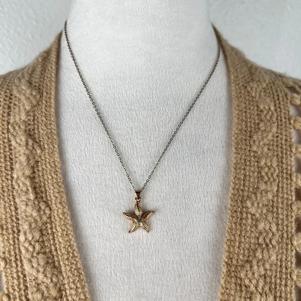 Rose Gold Tone Dainty Starfish Pendant Necklace Beach Coastal Mermaid Crystal